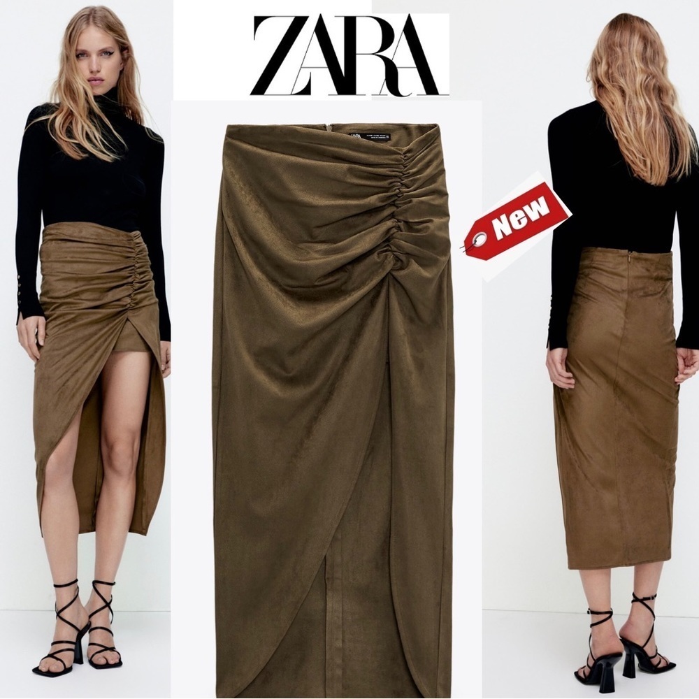 Zara olive army khaki green faux suede side ruched slit midi wrap skirt Sz S NWT